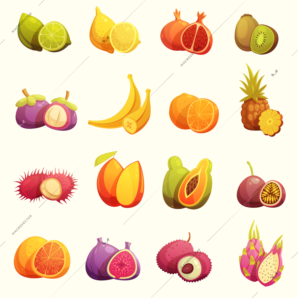 Fresh tropical fruits retro cartoon icons set with lime banana papaya kiwi and pomegranate isolated vector illustration