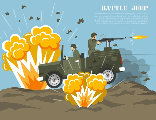 Legendary us army four-wheel drive jeep in battle environment flat military poster print abstract vector illustration