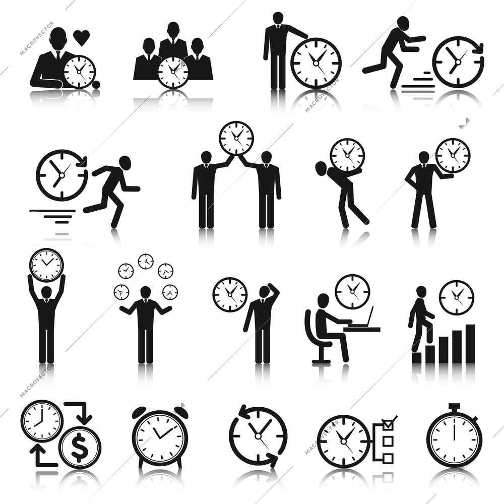 Business man with clock time management icons set vector illustration