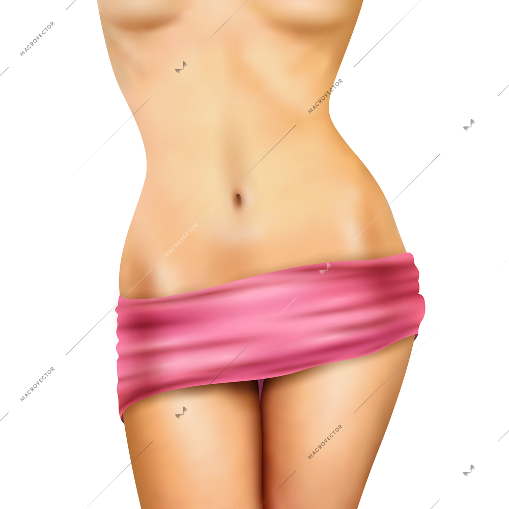 Realistic beautiful slim naked female body with pink towel on white background vector illustration