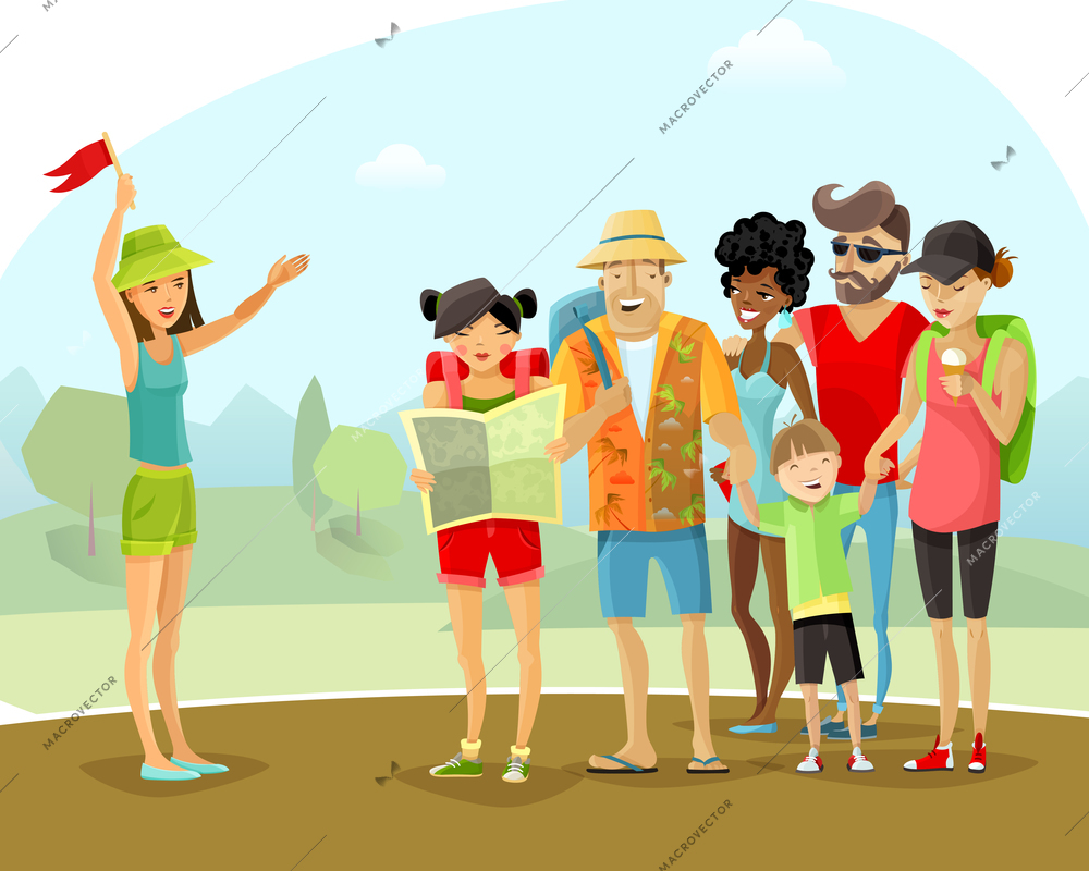 Group of cheerful male and female tourists with backpacks and map during tour vacation with young woman guide on mountains and trees background cartoon vector illustration.