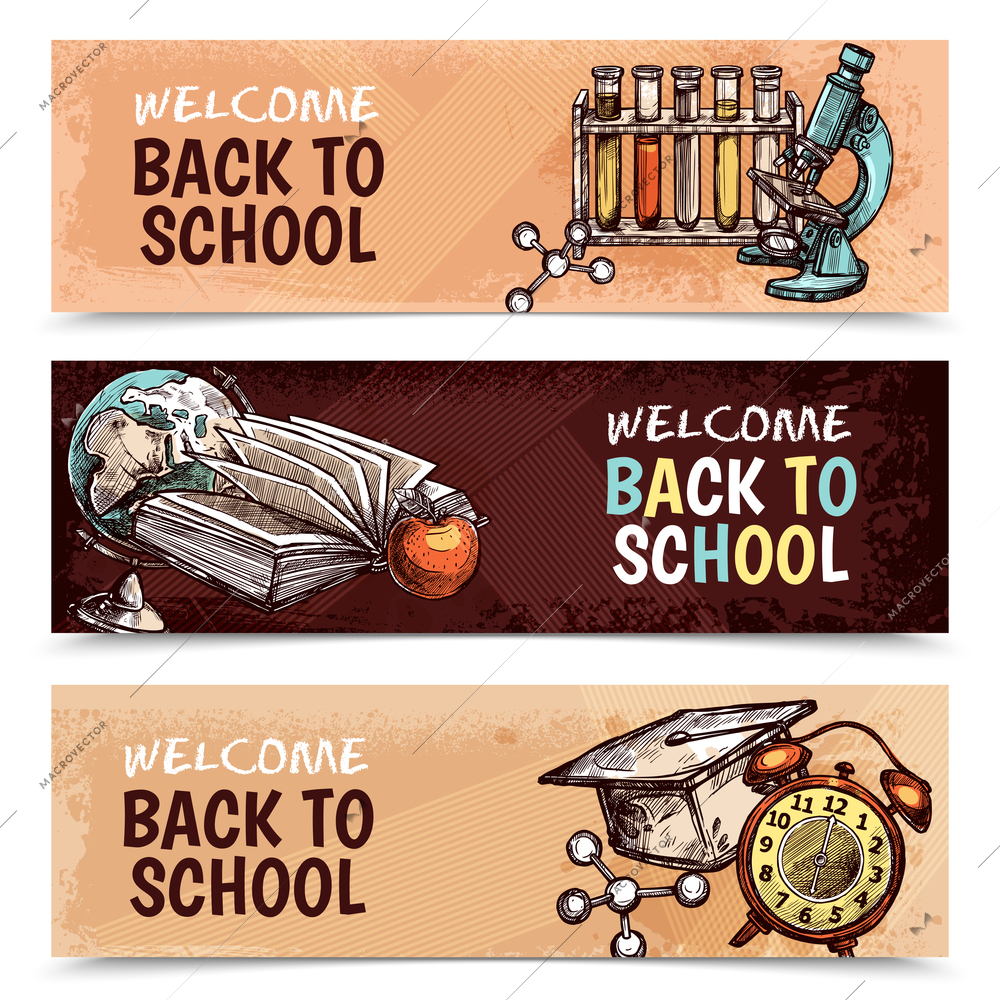 Horizontal welcome back to school banners with textural backgrounds and various colorful tools for studying sketch hand drawn isolated vector illustration