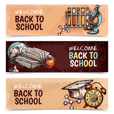 Horizontal welcome back to school banners with textural backgrounds and various colorful tools for studying sketch hand drawn isolated vector illustration