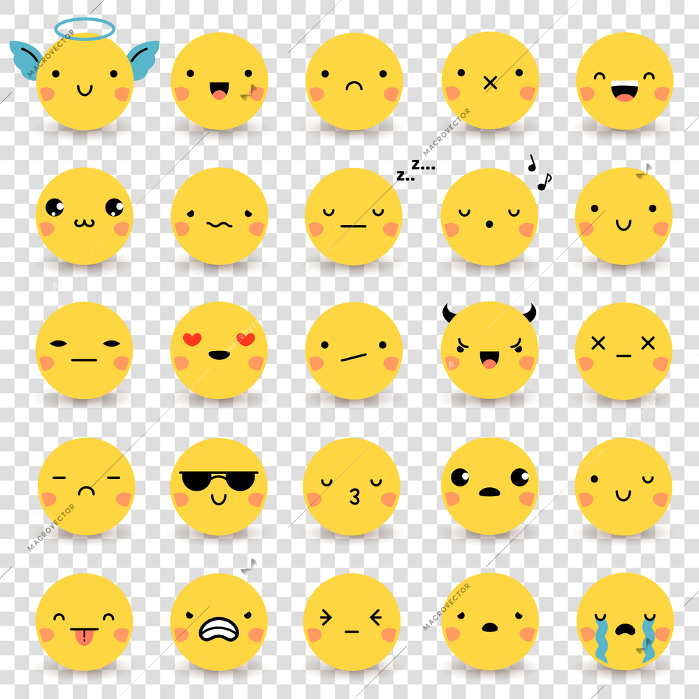 Twenty-five cute yellow flat emoticons set with various emotions isolated on transparent background vector illustrations