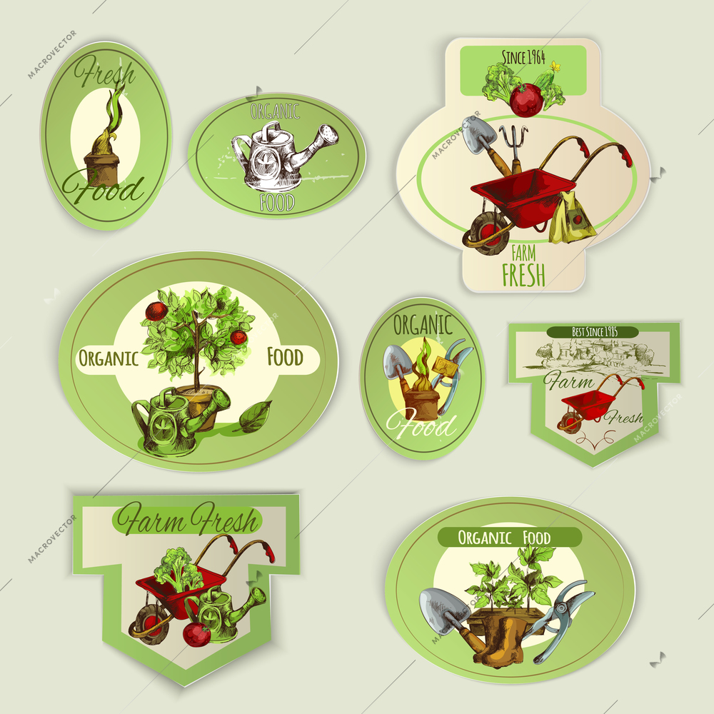 Vegetable gardening and organic food farm emblems set isolated vector illustration