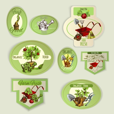 Vegetable gardening and organic food farm emblems set isolated vector illustration