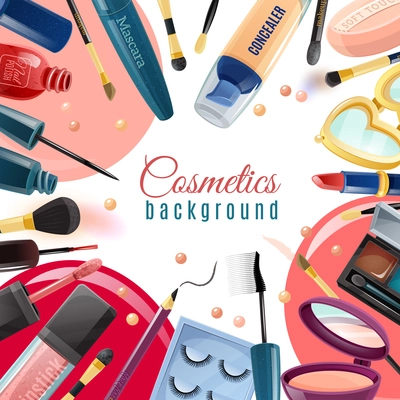 Colorful cosmetics flat background with various tools and products for makeup vector illustration