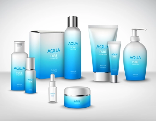 Aqua pure natural treatment cosmetic packages decorative set vector illustration