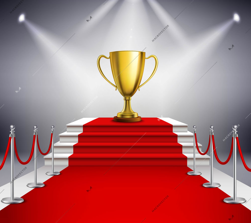 Golden trophy on white stairs covered with red carpet and illuminated by spotlight realistic vector illustration