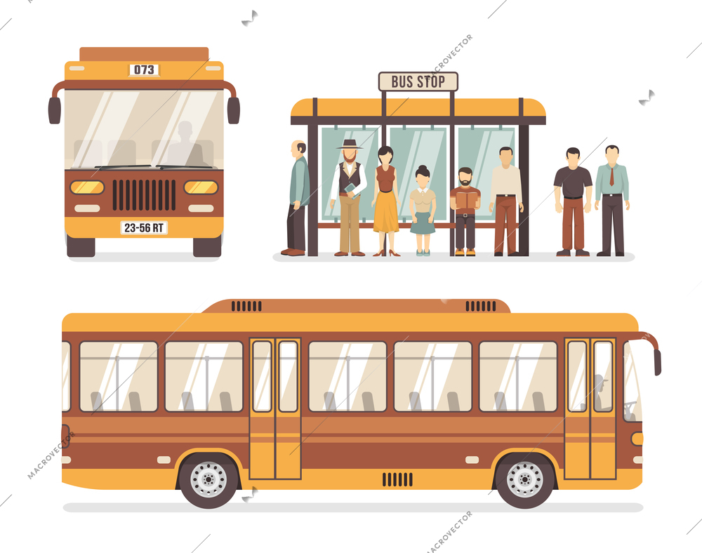 Color flat decorative icons depicting bus stop people and city bus vector illustration