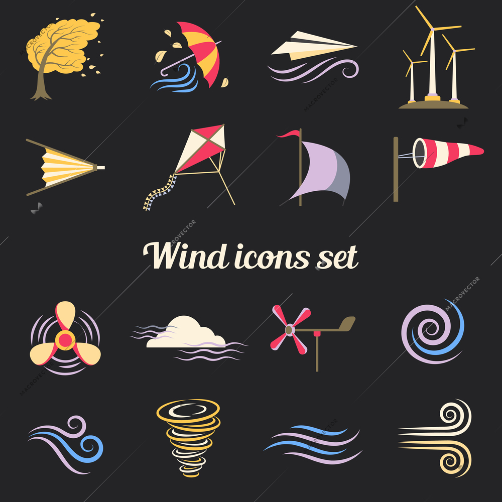 Set of color flat icons depicting different objects that make or use wind with black background vector illustration