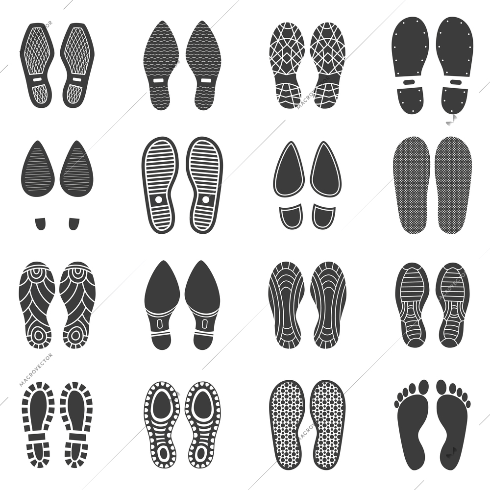 Monochrome icons set of parallel shoes footprint with white background  vector illustration