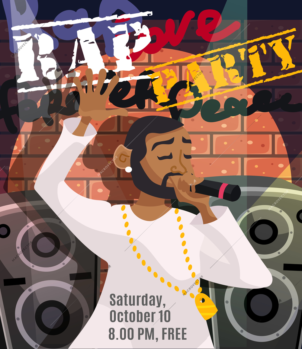 Rap concert poster with black singer and sound system on background vector illustration