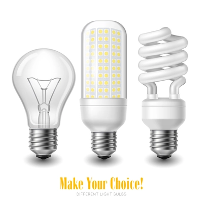 Three led lightbulbs of different shape on white background realistic isolated vector illustration