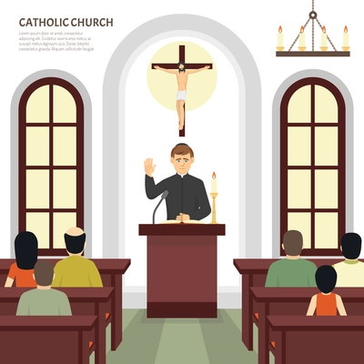 Color flat illustration depicting catholic church priest and crucifix vector illustration