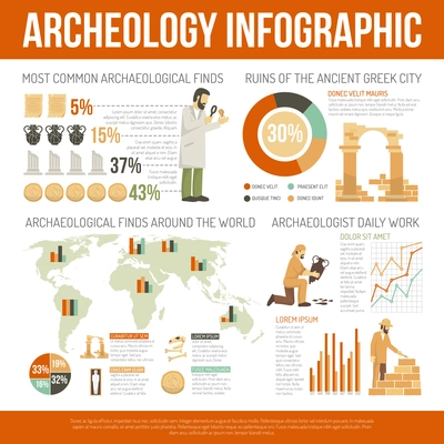 Color flat infographic depicting archeology information of daly work ruins finds vector illustration