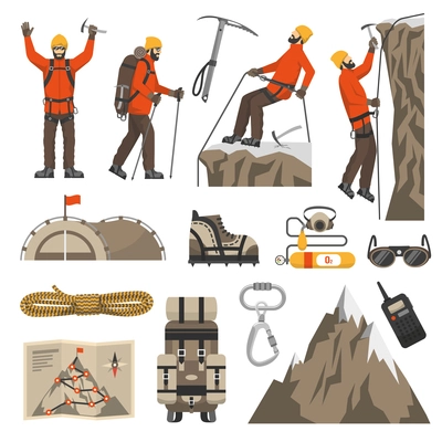 Color flat icons set of climbing hiking mountaineering equipments vector illustration