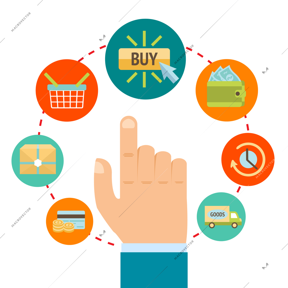 Business hand touching buy button, online internet shopping concept vector illustration