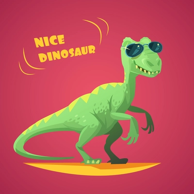 Nice funny green dinosaurus in sunglasses cartoon character toy on red background poster print abstract vector illustration