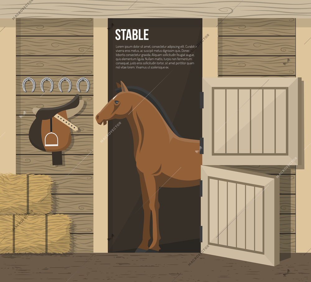 Horse breeding farm stable interior with standing in stall animal and hay forage supply abstract vector illustration