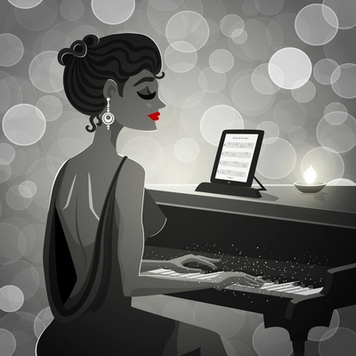 Black retro illustration depicting woman in evening dress at the piano vector illustration