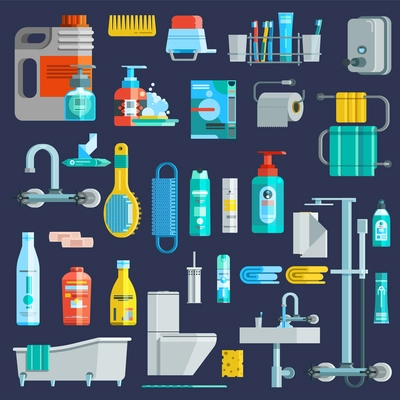 Flat colored hygiene icons set of bathroom equipment elements detergent toiletries at dark blue background isolated vector illustration