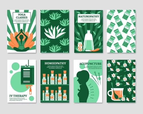 Alternative medicine cards set for yoga studio shop pharmacy relax or spa center flat vector illustration