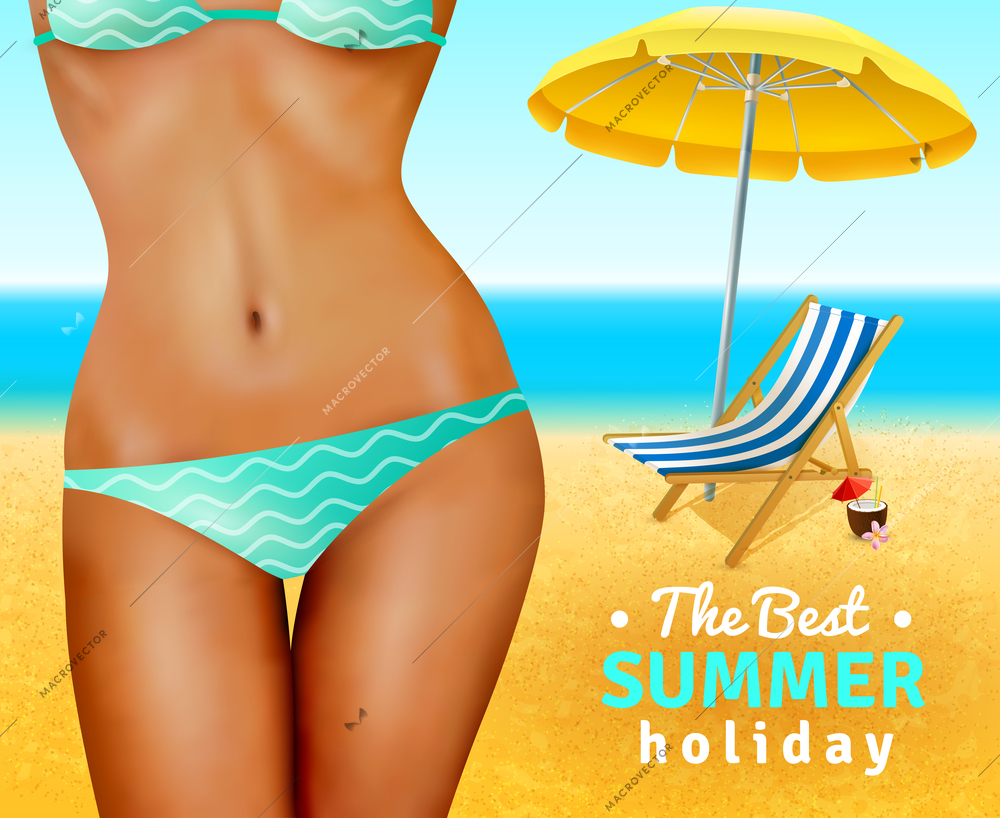 Slim sexy dark skin woman wearing swimsuit on sand beach with umbrella and lounge flat vector illustration