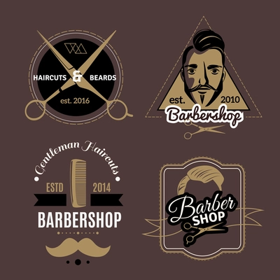 Vintage barbershop emblems set with male face and hair styling tools isolated on dark background flat vector illustration