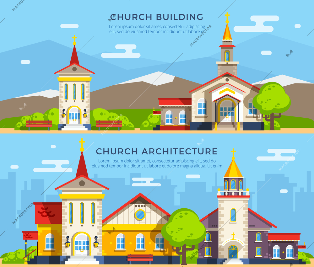 Beautiful historic church buildings of different architecture styles on backgrounds with mountains and cityscape flat banners isolated vector illustration