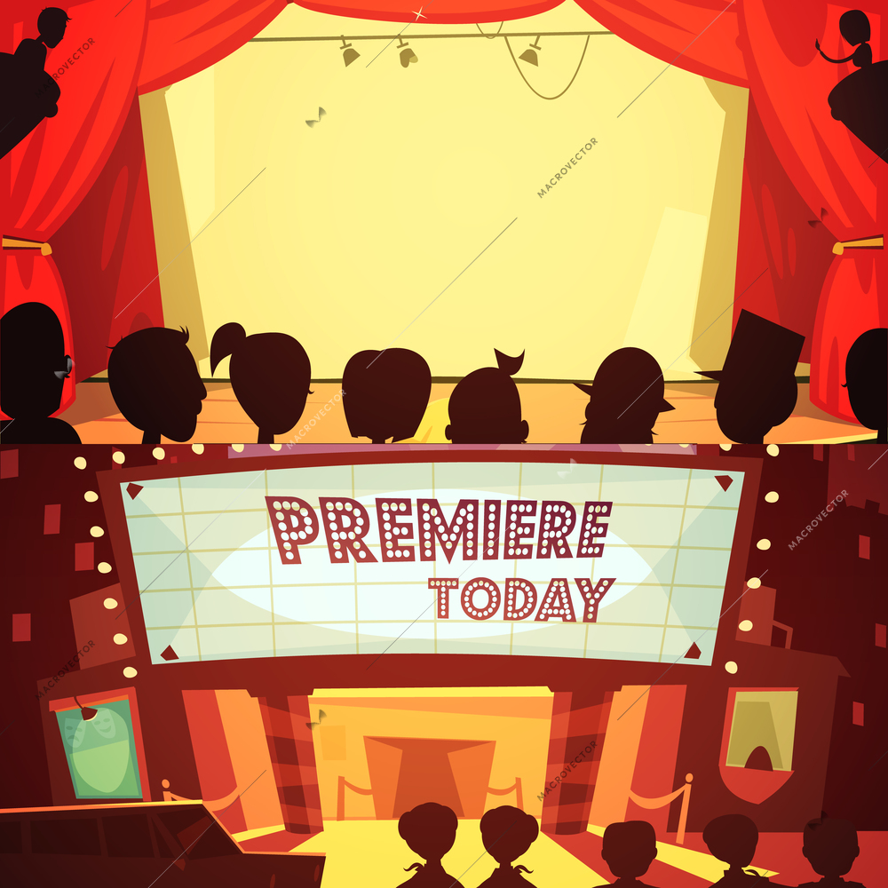 Theatre retro cartoon banner set with spectators silhouettes isolated vector illustration