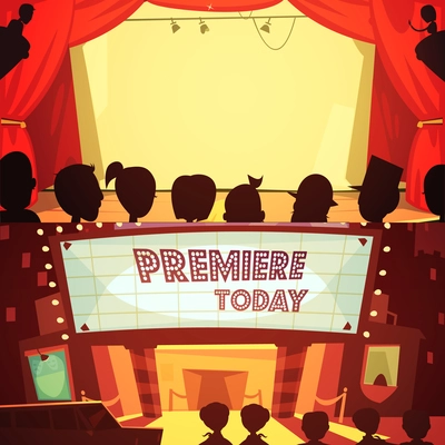 Theatre retro cartoon banner set with spectators silhouettes isolated vector illustration