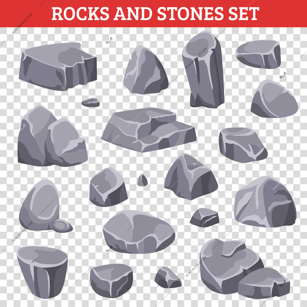 Big and small gray rocks and stones mountain set on transparent background isolated vector illustration