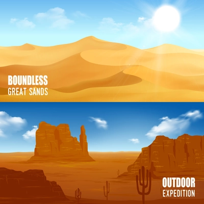 Horizontal beautiful desert landscape flat banners isolated vector illustration