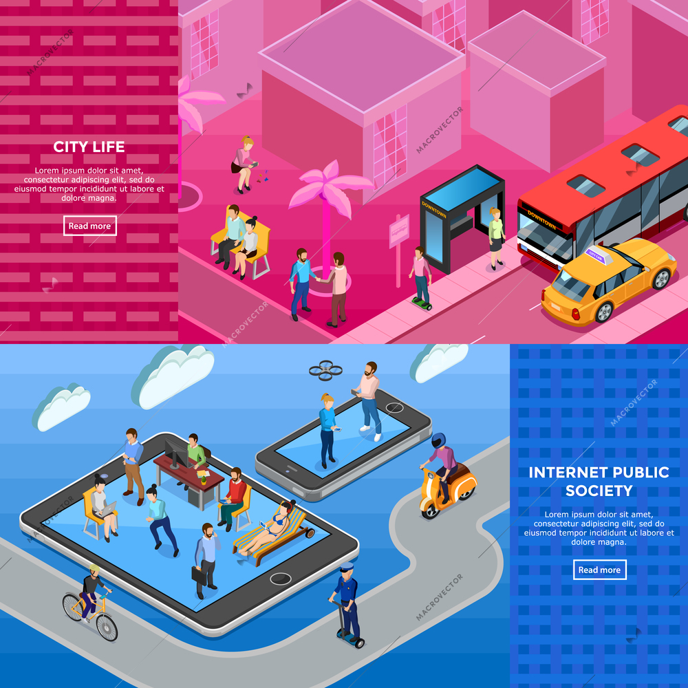 People isometric banners with members of internet public society and city life illustration on textural backgrounds isolated vector illustration