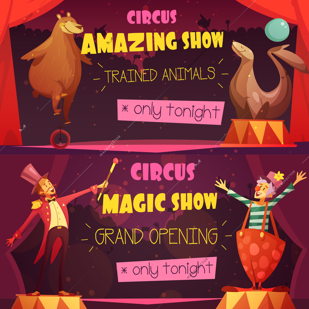 Traveling circus amazing show 2 retro cartoon style horizontal banners set with clown and magician isolated vector illustration