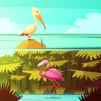 Tropical rainforest fauna 2 retro cartoon banners set with pink flamingo and pelican bird isolated vector illustration