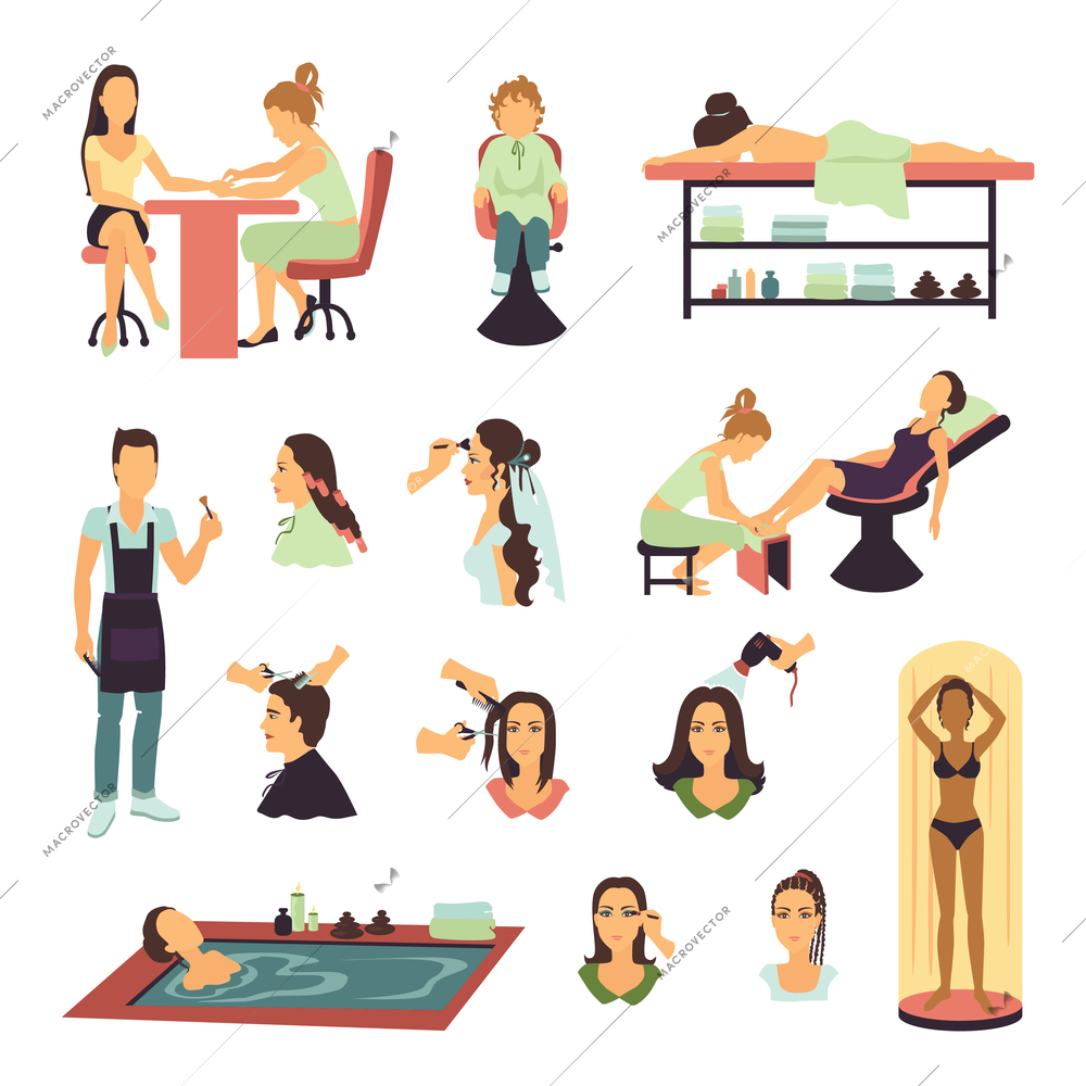 Male and female people having beauty procedures in spa salon set on white background flat isolated vector illustration