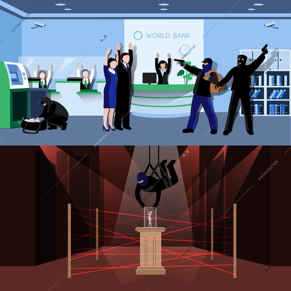 Armed burglars committing theft in bank and museum flat compositions isolated vector illustration