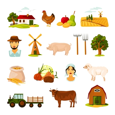 Flat farm set with farmers cattle harvest farmhouse and equipment on white background isolated vector illustration