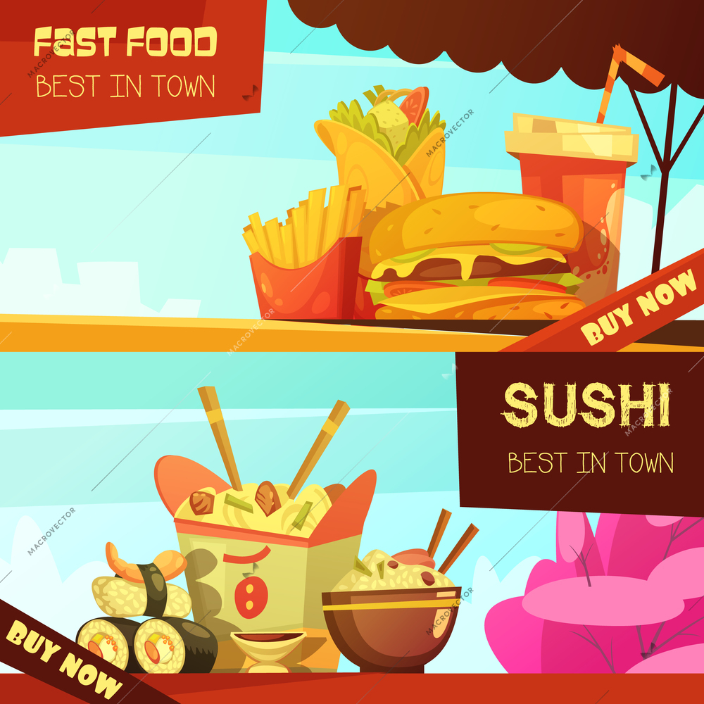 Town best fast food restaurant 2 horizontal advertisement banners set with sushi retro cartoon isolated vector illustration