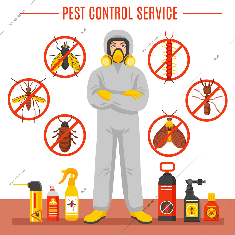 Pest control service vector illustration with exterminator of insects in chemical protective suit termites and disinfection cans flat icons