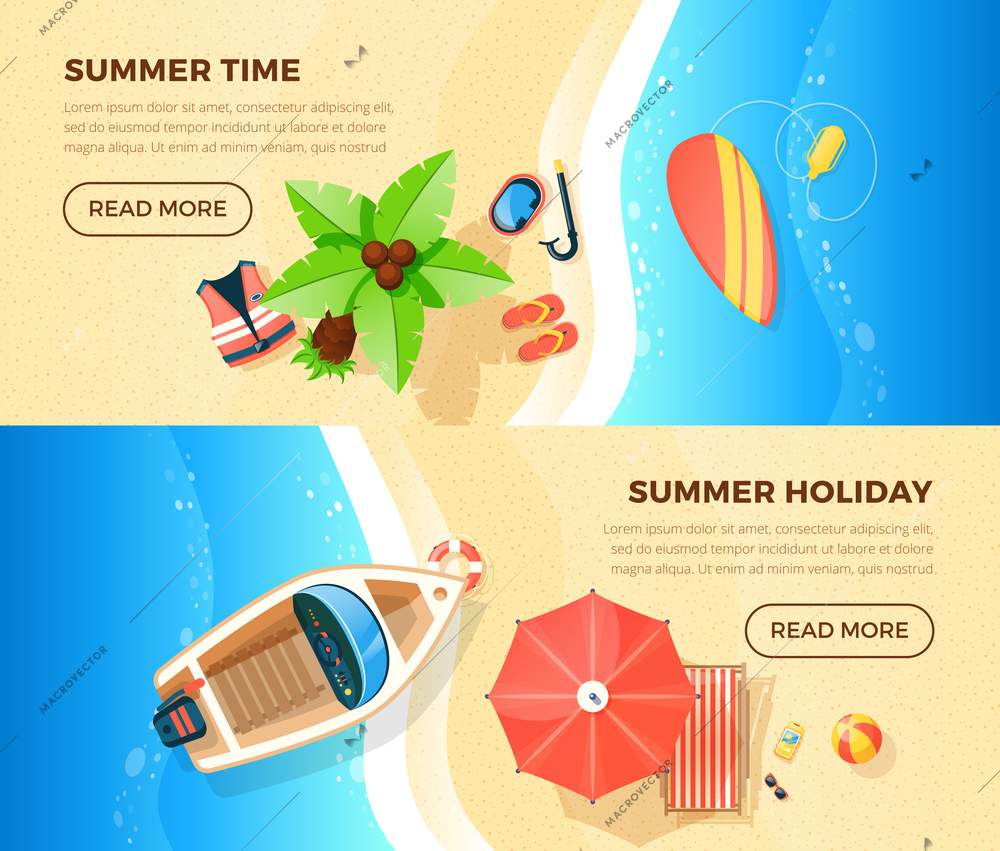 Summer holiday tropical island ocean beach vacation information 2 top view banners webpage design isolated vector illustration