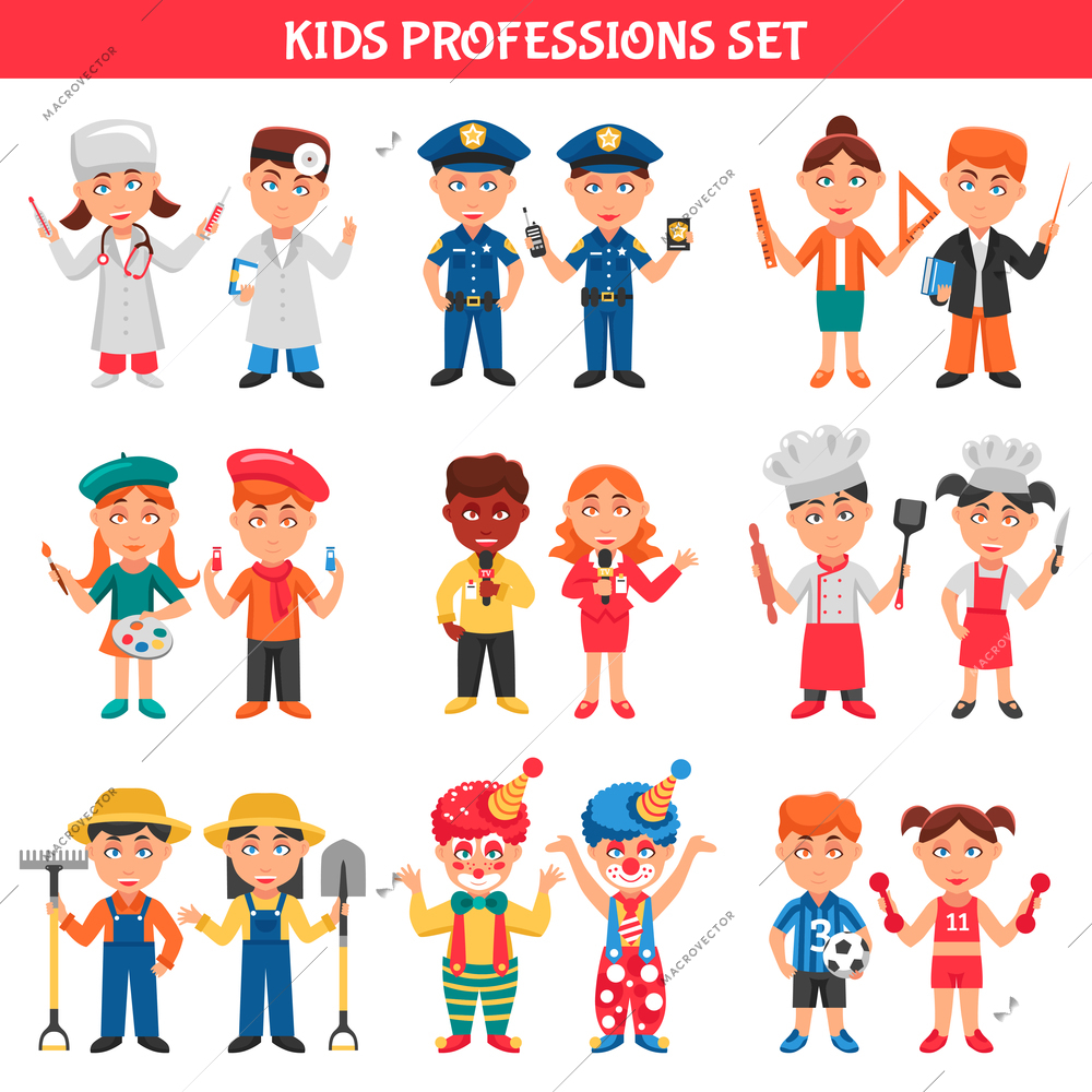 People professions cartoon icons set for kids with clowns policeman doctor teacher footballer artist chef flat vector illustration