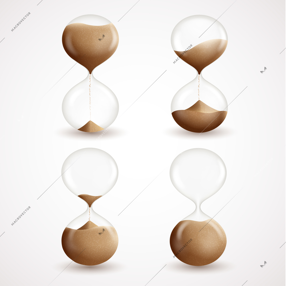 Realistic 3d hourglass clock timer sand grain icons set isolated vector illustration