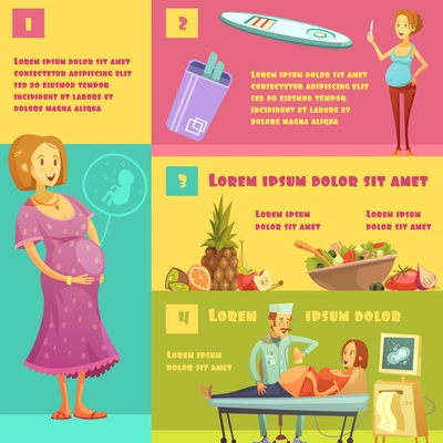 Information on pregnancy stages with test strip kit food advise and ultrasound scan infographic poster vector illustration