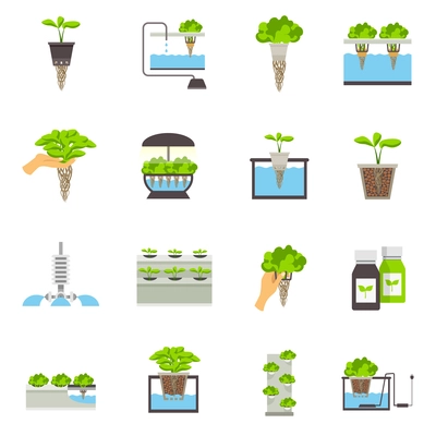 Set of color flat icons depicting elements of hydroponic system vector illustration