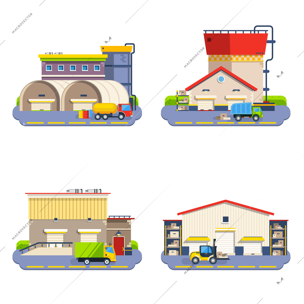 Warehouse buildings of different size and shape with transport for goods delivery flat icons set on white background isolated vector illustration