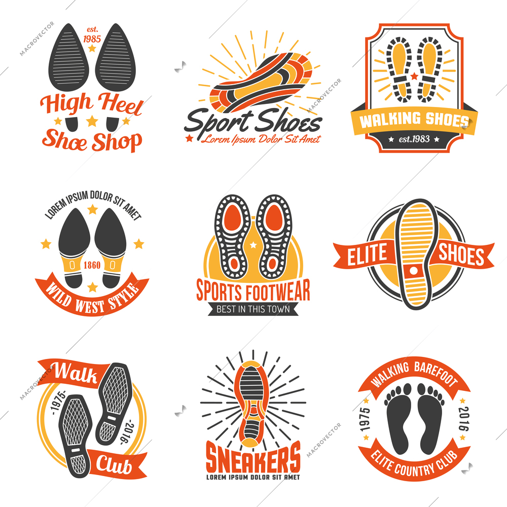 Footwear stores and suppliers labels and emblems with soles insoles and shoes footprints icons set isolated vector illustration