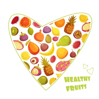 Healthy fruits diet advertisement poster with hart shaped assortment of pear banana grapefruit and pineapple abstract vector illustration